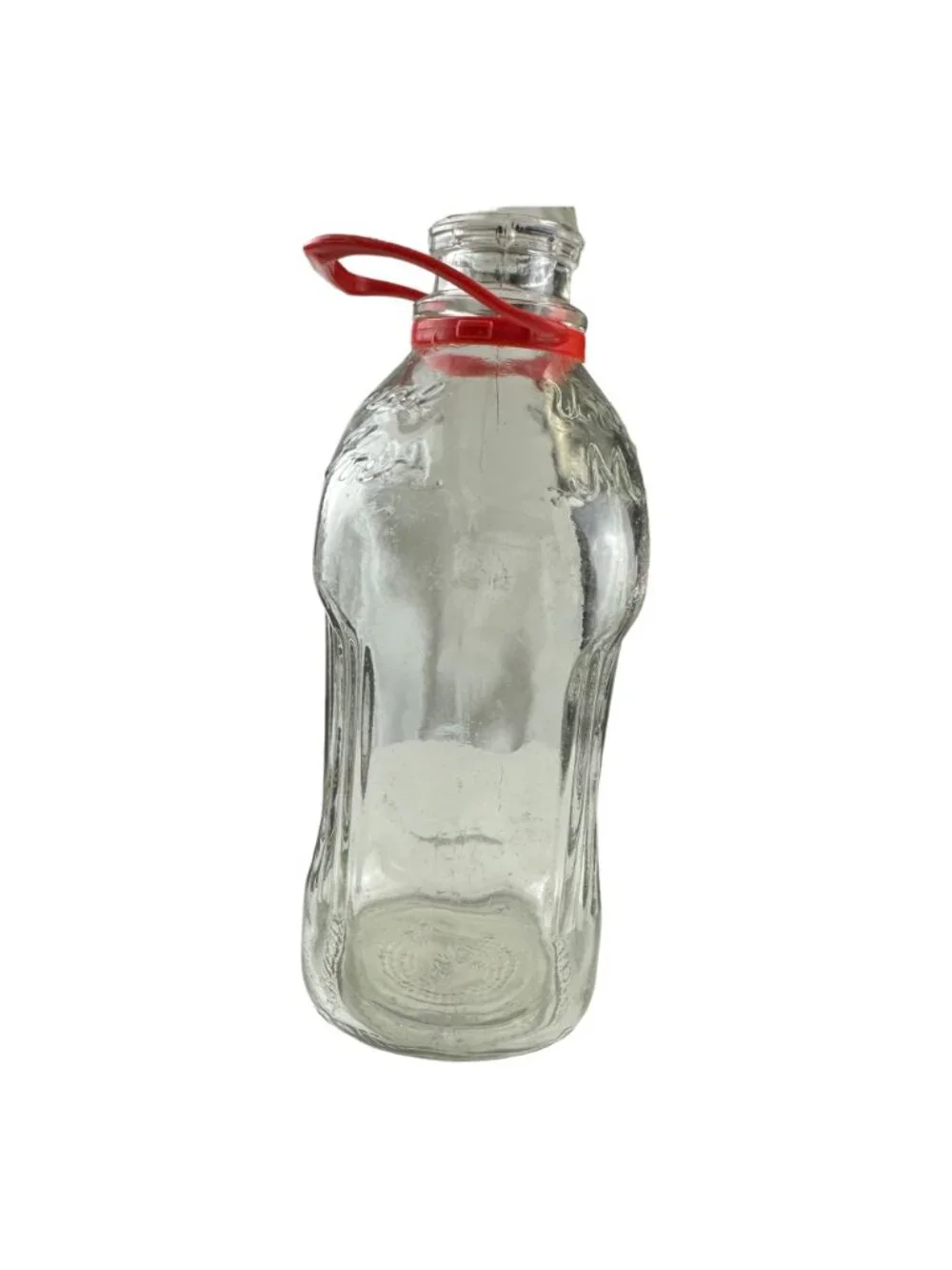 Vintage Glass Milk Bottle With Red Handle - Embossed Script Design - 10 Inches T